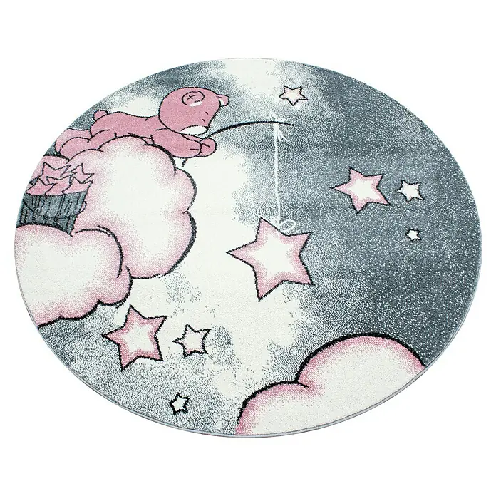 Kinderteppich Kids 0580Pink, Durchmesser: 160 cm, 100% Polypropylen - Niedlicher runder Kinderteppich mit Bär- und Sternenmotiv in Rosa- und Grautönen, ideal für das Kinderzimmer.