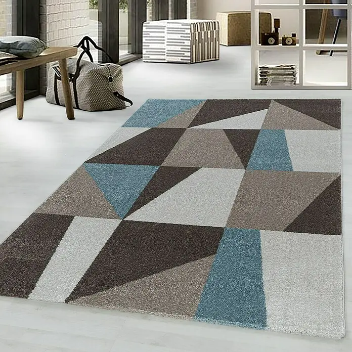 Kurzflorteppich Efor 3716 - Blau, 250 x 80 cm, 100% Polypropylen - Ein moderner Teppich mit geometrischem Dreiecksdesign in Blau-, Braun- und Grautönen, der jedem Raum eine stilvolle Note verleiht.