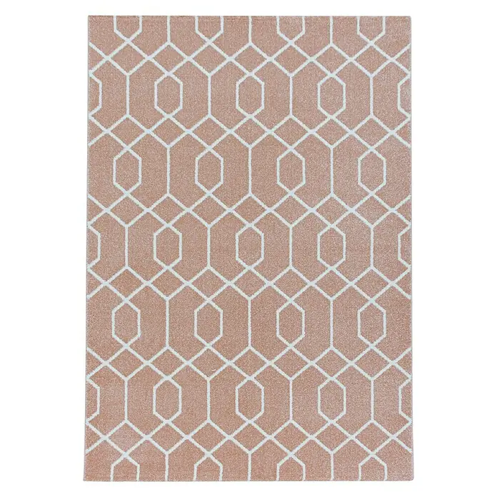 Kurzflorteppich Efor 3713Rose, 290 x 200 cm, 100% Polypropylen - Elegantes geometrisches Teppichdesign in Pfirsichfarbe mit weißen Akzenten. Ideal für moderne Wohnräume und bietet einen Hauch von Stil.