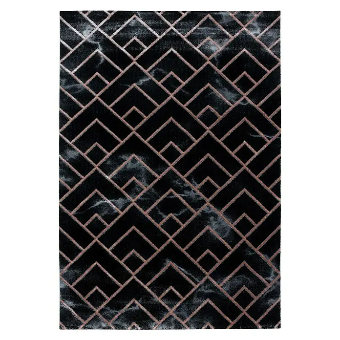 Kurzflorteppich Naxos 3814 - Bronze, 200 x 140 cm, 80% Polypropylen, 20% Polyester - Schwarzer Teppich mit geometrischem Muster und marmoriertem Hintergrund. Ein stilvolles Detail für jedes Zuhause.
