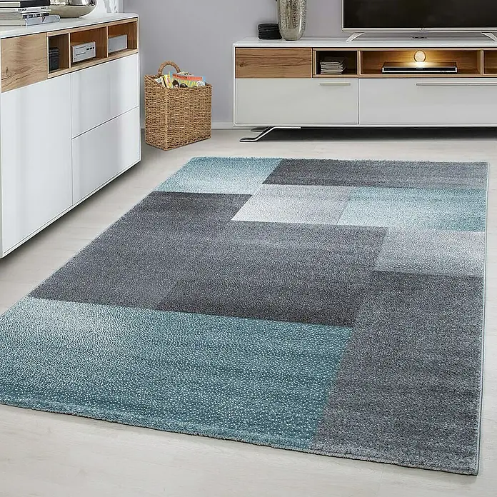 Kurzflorteppich Lucca 1810 - Blau, 150 x 80 cm, 100% Polypropylen - Moderner, rechteckiger Teppich mit geometrischen Formen in Grau- und Blautönen, ideal für ein stilvolles Wohnambiente.
