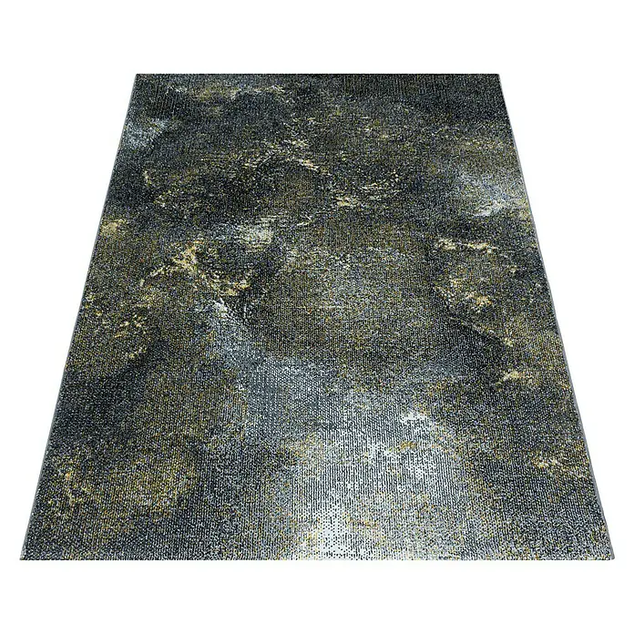Kurzflorteppich Ottawa 4203 - Gelb, 150 x 80 cm, 100 % Polypropylen - Ein rechteckiger Teppich mit abstraktem Muster in Schwarz, Gold und Silber, ideal für moderne Wohnräume.
