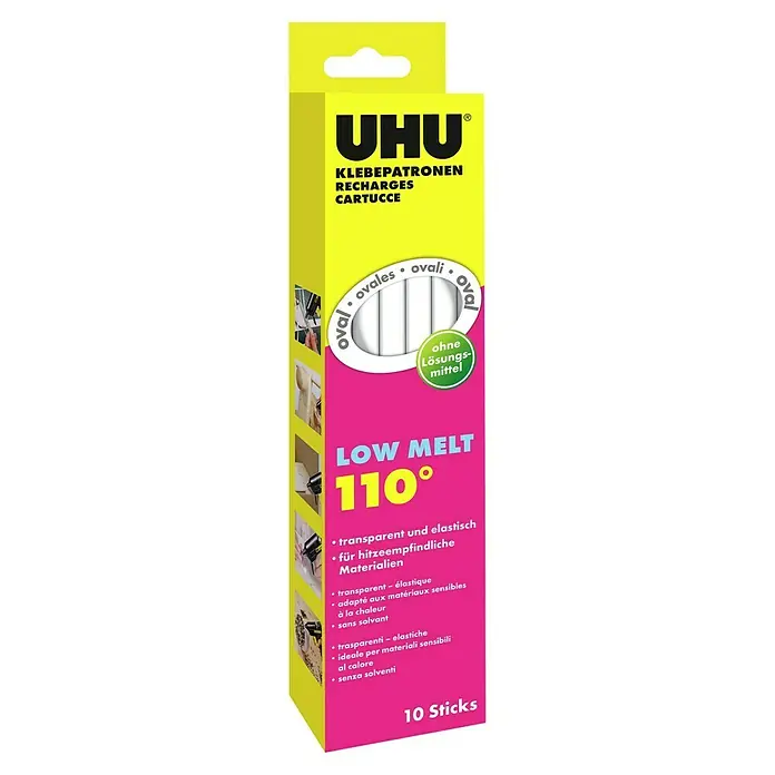 UHU Klebepatronen Lowmelt - Nettomasse: 125 g, Transparent - UHU Klebepatronen Low Melt 110°: Transparente und elastische Klebepistolenpatronen für hitzeempfindliche Materialien, 10 Stück.