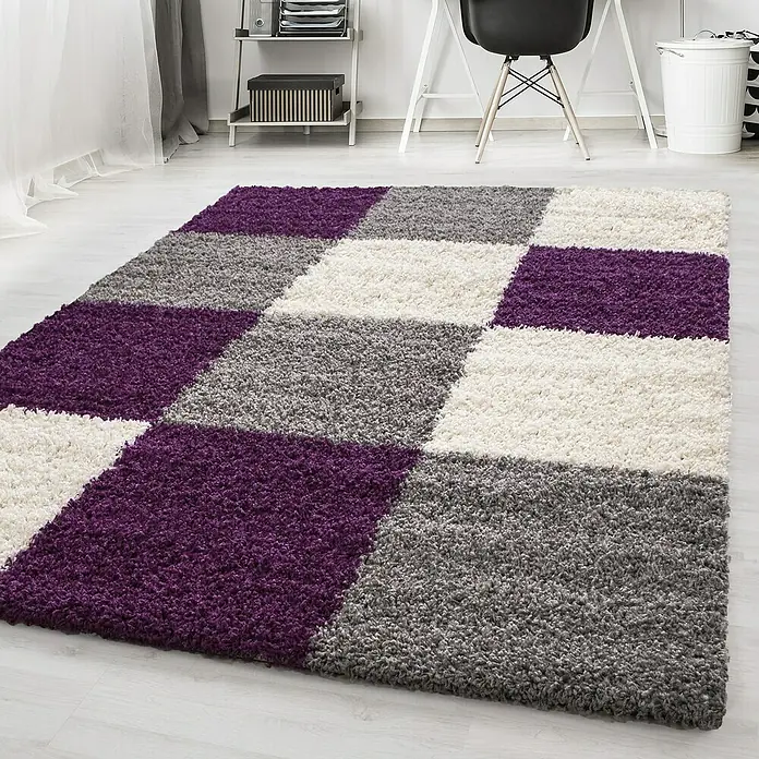 Hochflorteppich Life 1501 - Lila, 170 x 120 cm, 100% Polypropylen - Bunter Teppich mit violetten, grauen und weißen Quadraten für ein stilvolles und gemütliches Zuhause.