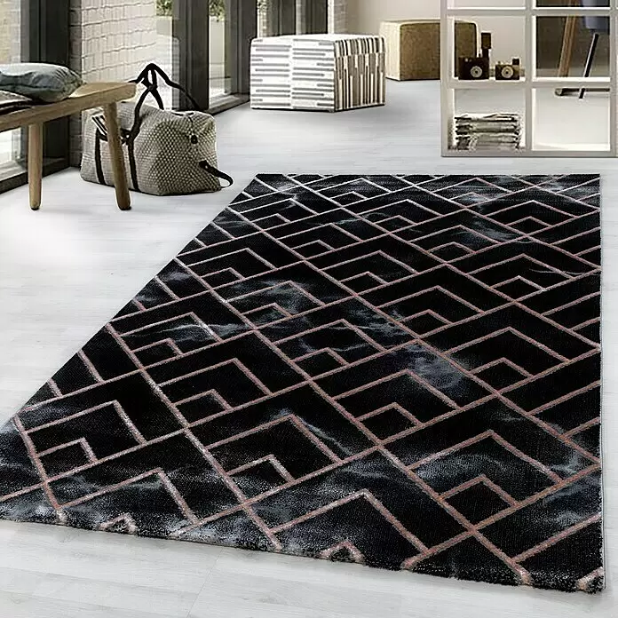 Kurzflorteppich Naxos 3814 - Bronze, 200 x 140 cm, 80% Polypropylen, 20% Polyester - Schwarzer Teppich mit roségoldenen geometrischen Linien und grauem Marmormuster.