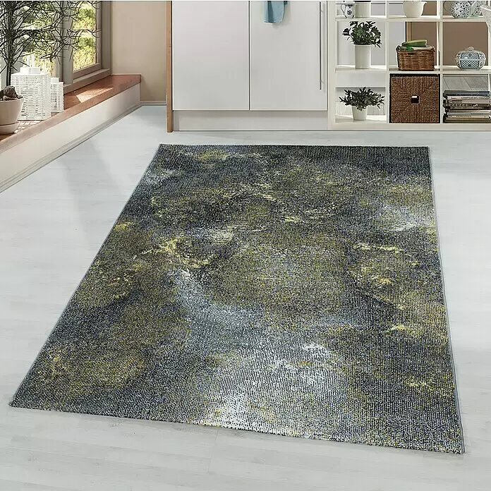 Kurzflorteppich Ottawa 4203 - Gelb, 150 x 80 cm, 100 % Polypropylen - Grauer und gelber Teppich mit abstraktem Muster auf hellem Boden in einem modernen Raum.