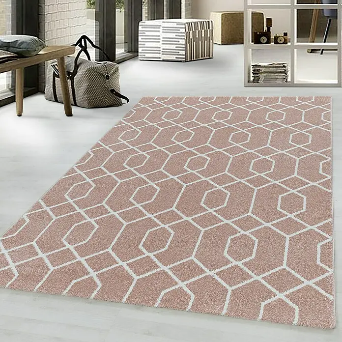 Kurzflorteppich Efor 3713Rose, 290 x 200 cm, 100% Polypropylen - Der rosafarbene Teppich mit geometrischem Muster verleiht jedem Raum einen Hauch von Eleganz und Stil. Dieser Teppich ist eine stilvolle Ergänzung für Ihr Zuhause.