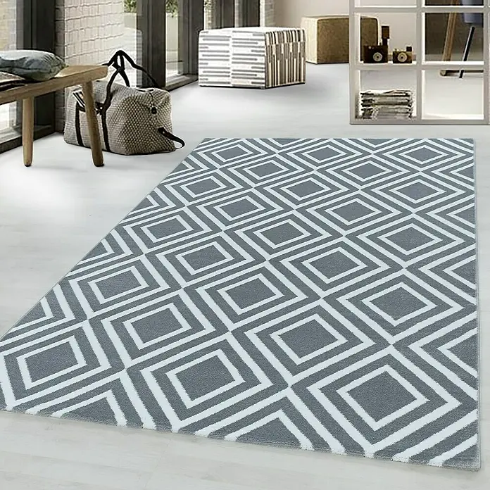 Kurzflorteppich Costa 3525 - Grau, 250 x 80 cm, 100 % Polypropylen - Das Bild zeigt einen modernen grauen Teppich mit einem geometrischen Rautenmuster, der eine stilvolle Ergänzung für jeden Raum darstellt.