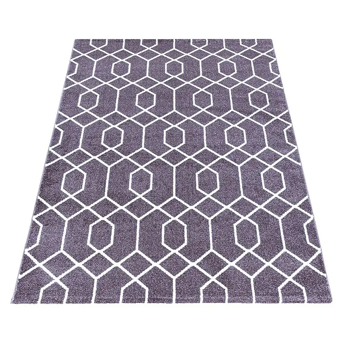 Kurzflorteppich Efor 3713Violett, 150 x 80 cm, 100 % Polypropylen - Grauer Teppich mit geometrischem Muster, der jedem Raum Eleganz verleiht. Ein stilvolles Accessoire für Ihr Zuhause.