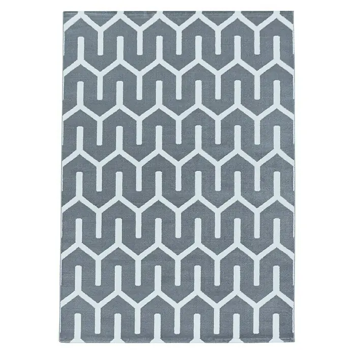 Kurzflorteppich Costa 3524Grau, 230 x 160 cm, 100 % Polypropylen - Grauer Teppich mit weißem geometrischen Muster. Der Teppich hat ein modernes Design und ist ideal für jedes Zimmer.