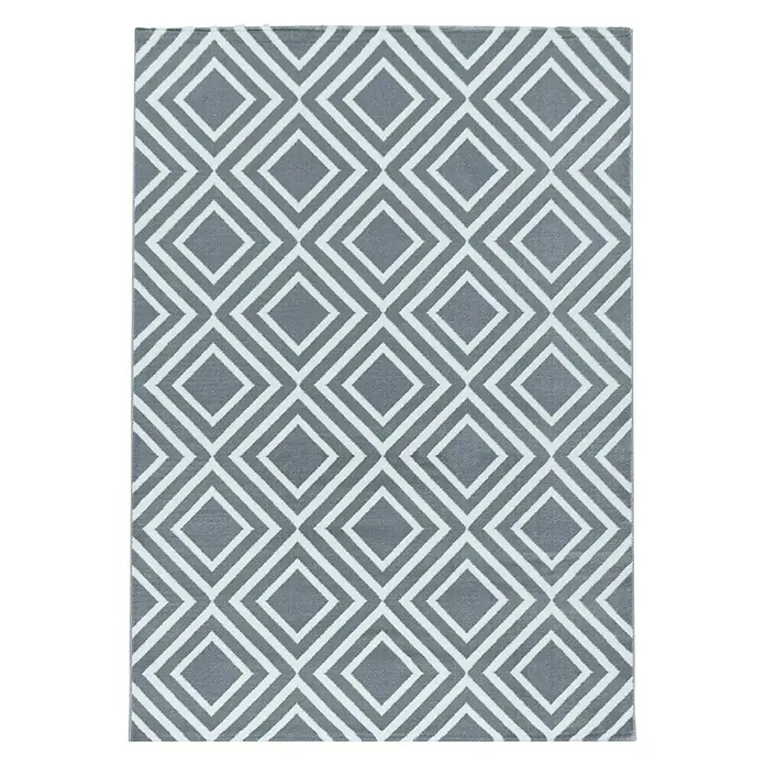 Kurzflorteppich Costa 3525Grau, 290 x 200 cm, 100% Polypropylen - Grauer Teppich mit weißem Rautenmuster. Ein dekorativer Teppich für jeden Raum, der Komfort und Stil vereint.