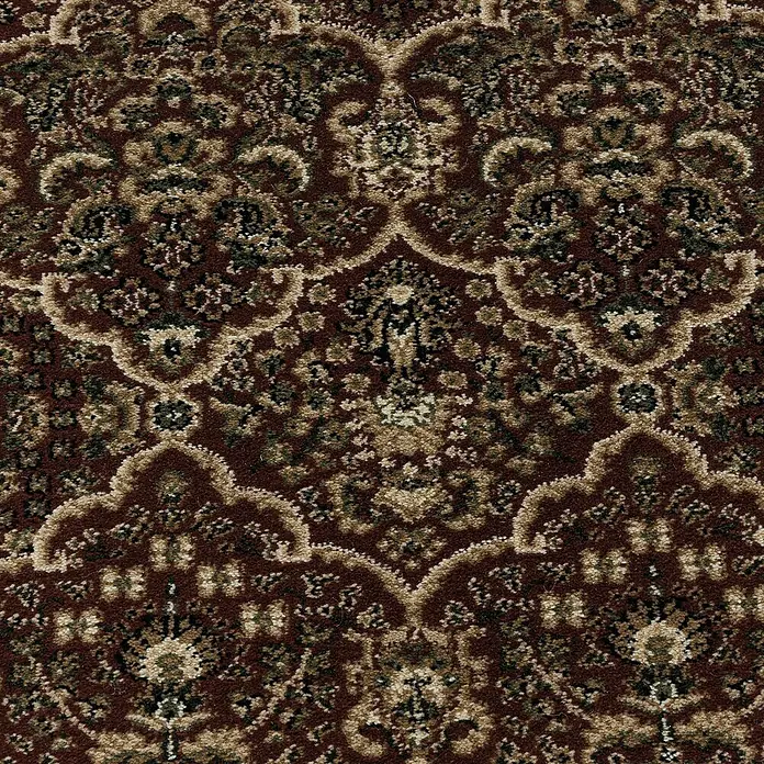Kurzflorteppich Kashmir 2602Rot, 150 x 80 cm, 100% Polypropylen - Nahaufnahme eines dunkelroten Teppichs mit detailreichem, traditionellem Muster in Beige- und Brauntönen.