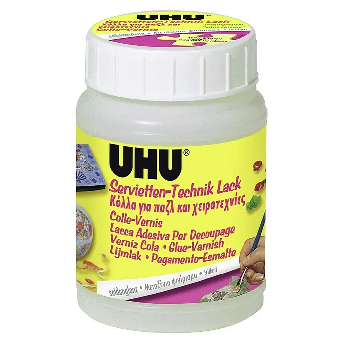 UHU Lack Servietten-Technik - 150 ml, Transparent - Ein Glas UHU Servietten-Technik Lack, ideal zum Kleben von Servietten auf verschiedene Oberflächen und für Bastelarbeiten.