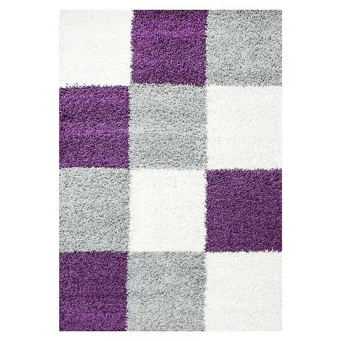 Hochflorteppich Life 1501 - Lila, 170 x 120 cm, 100% Polypropylen - Ein Teppich mit einem Schachbrettmuster in Weiß, Lila und Grau, der eine weiche und luxuriöse Textur zeigt.