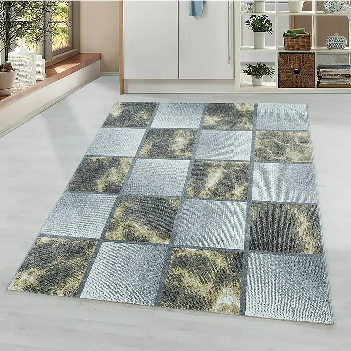 Kurzflorteppich Ottawa 4201 - Gelb, 150 x 80 cm, 100% Polypropylen - Ein moderner Teppich mit einem Schachbrettmuster in Grau- und Beigetönen, der jedem Raum einen stilvollen Akzent verleiht.