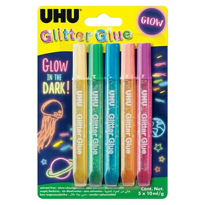 UHU Kleber-Set Glitter Glue Glow in the Dark (5 Stk. x 10 ml, Bunt) | BAUHAUS