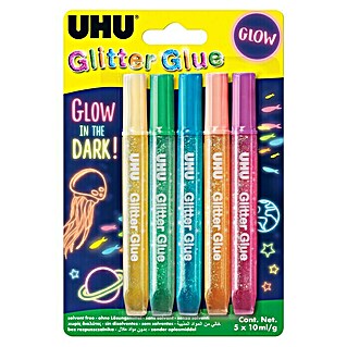 UHU Kleber-Set Glitter Glue Glow in the Dark (5 Stk. x 10 ml, Bunt)
