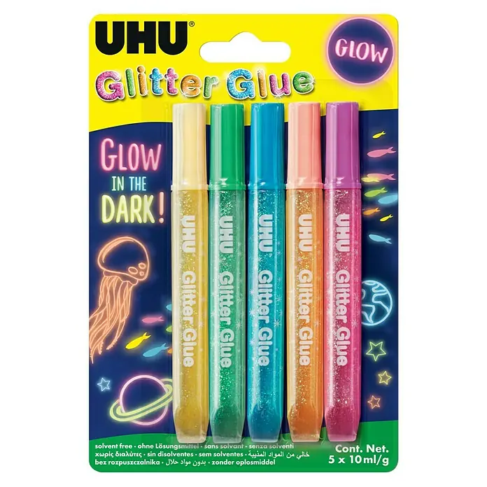 UHU Kleber-Set Glitter Glue Glow in the Dark - 5 Stk. x 10 ml, Bunt - UHU Glitter Glue, 5 Stifte in verschiedenen Farben, die im Dunkeln leuchten, für kreative Bastelprojekte und Spaß.