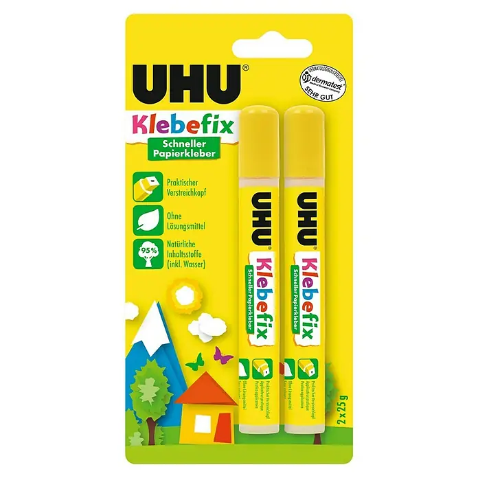 UHU Klebestift Klebefix - 2 Stk. x 25 g - UHU Klebefix Papierkleber-Doppelpackung. Dermatologisch getestet, schnelle und natürliche Inhaltsstoffe für Papierarbeiten.
