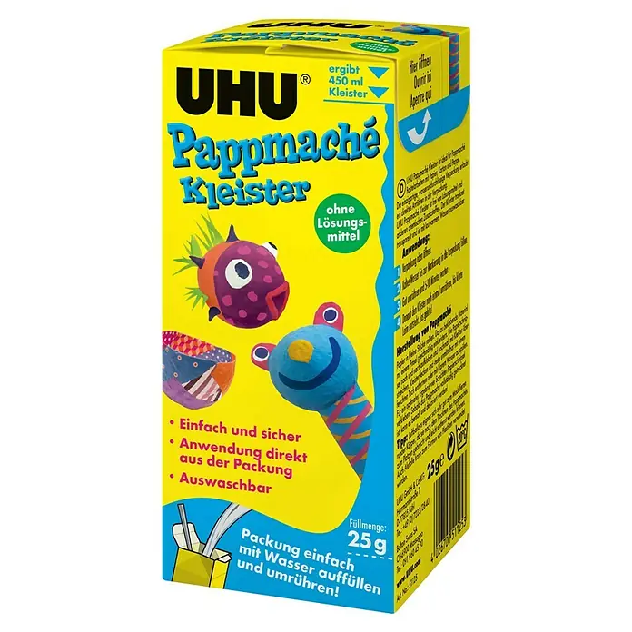 UHU Spezialkleister Pappmaché - 25 g - Packung UHU Pappmaché Kleister, 450 ml, für Bastelarbeiten. Einfache Anwendung, direkt aus der Packung, auswaschbar.