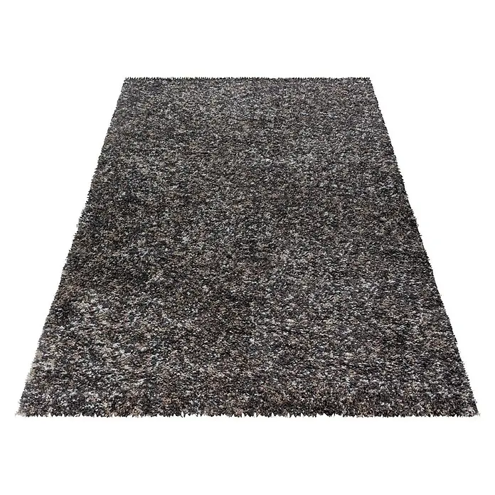 Hochflorteppich Enjoy 4500 - Taupe, 200 x 140 cm, 100% Polypropylen - Ein Teppich mit einem grauen, melierten Muster auf einem schwarzen Hintergrund. Der Teppich hat eine weiche, flauschige Textur.