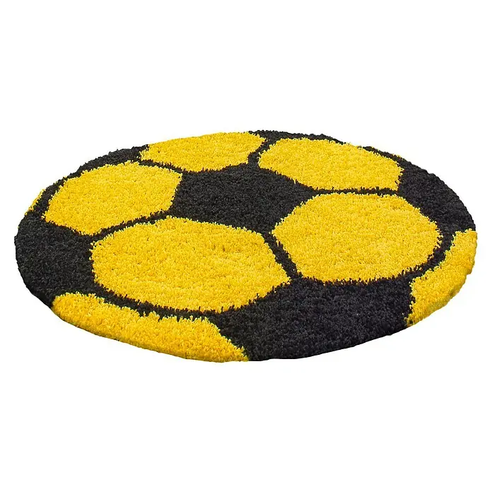 Kinderteppich Fun 6001 - Gelb, Durchmesser: 100 cm, 100% Polypropylen - Detailaufnahme eines gelb-schwarzen Fußballteppichs mit weicher Textur, ideal für Kinderzimmer oder Sportbegeisterte.
