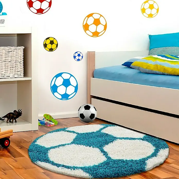 Kinderteppich Fun 6001 - Türkis, Durchmesser: 120 cm, 100% Polypropylen - Fußball-Kinderzimmerteppich in blau und weiß, rund, mit Fußballmuster für ein sportliches Ambiente im Kinderzimmer.