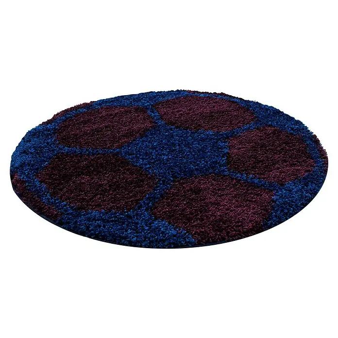 Kinderteppich Fun 6001Navy, Durchmesser: 100 cm, 100 % Polypropylen - Ovaler, mehrfarbiger Teppich mit einem Muster aus marineblauen und kastanienbraunen Bereichen. Er ist flauschig und wirkt sehr gemütlich.