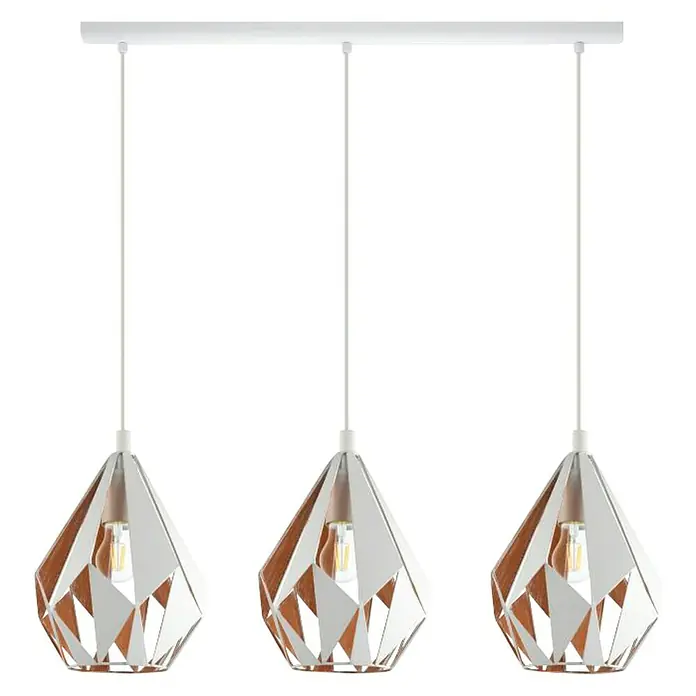 Eglo Carlton 1 Lámpara colgante - 180 W, L x An x Al: 80,5 x 20,5 x 110 cm, Blanco, Blanco, E27 - Lámpara colgante moderna con tres pantallas geométricas en blanco y aspecto de madera, ideal para comedor o salón.