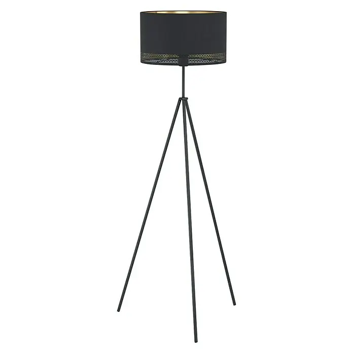Eglo Esteperra Lámpara de pie - 40 W, Altura: 140,5 cm, Negro, E27 - Elegante lámpara de pie con pantalla negra y detalles dorados, apoyada en un esbelto trípode, que encarna el diseño moderno.