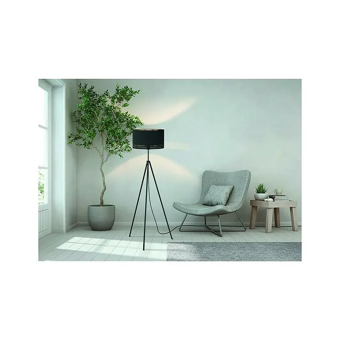Eglo Esteperra Lámpara de pie - 40 W, Altura: 140,5 cm, Negro, E27 - Una lámpara de pie moderna con pantalla negra y base de trípode, que ilumina un espacio habitable elegante con una luz acogedora.