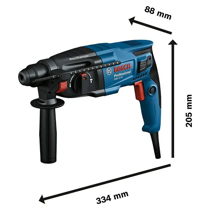 Bosch Professional Kombihammer GBH 2-21 - 720 W, 2 J, SDS-Plus-Aufnahme, Inkl. 3 x SDS-Plus Bohrer und Koffer - Abbildung eines Bosch GBH 2-21 Bohrhammers mit Maßangaben, die die Abmessungen des Produkts hervorheben.