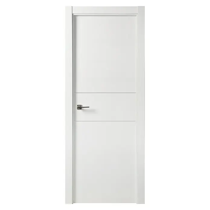 Solid Elements Puerta interior Munich - 72,5 x 203 cm, Derecha, Blanco, Maciza - Primer plano de una puerta interior blanca y moderna con un elemento de diseño horizontal y una manija elegante.