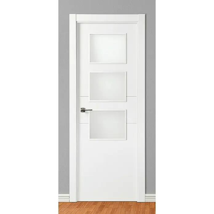 Solid Elements Puerta acristalada Múnich - 72,5 x 203 cm, Derecha, Blanco - Puerta blanca con tres inserciones de vidrio transparente rectangulares y un tirador moderno para un ambiente elegante.
