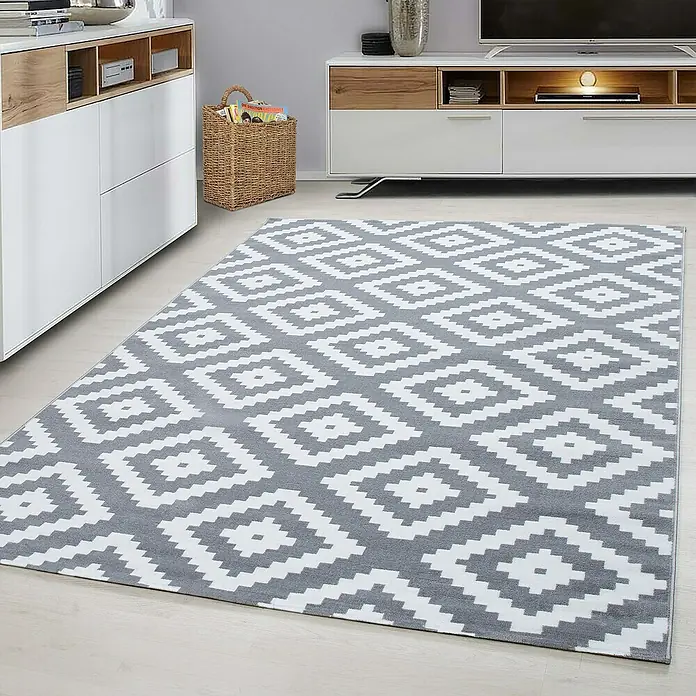 Kurzflorteppich Plus 8005Grau, 150 x 80 cm, 100% Polypropylen - Grauer Teppich mit geometrischem Rautenmuster in Weiß, der einen modernen Touch in den Raum bringt und für Wärme sorgt.