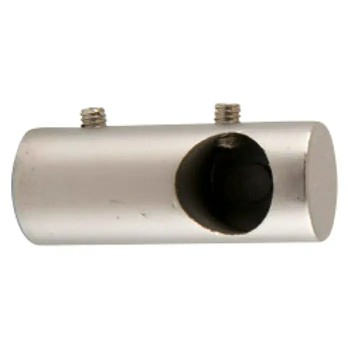 Soporte de pared Cilindro Ideas 12 - L x An x Al: 4 x 1,6 x 1,6 cm, Diámetro: 12 mm, Metal - Primer plano de un soporte de barra plateado con dos tornillos y una abertura lateral.