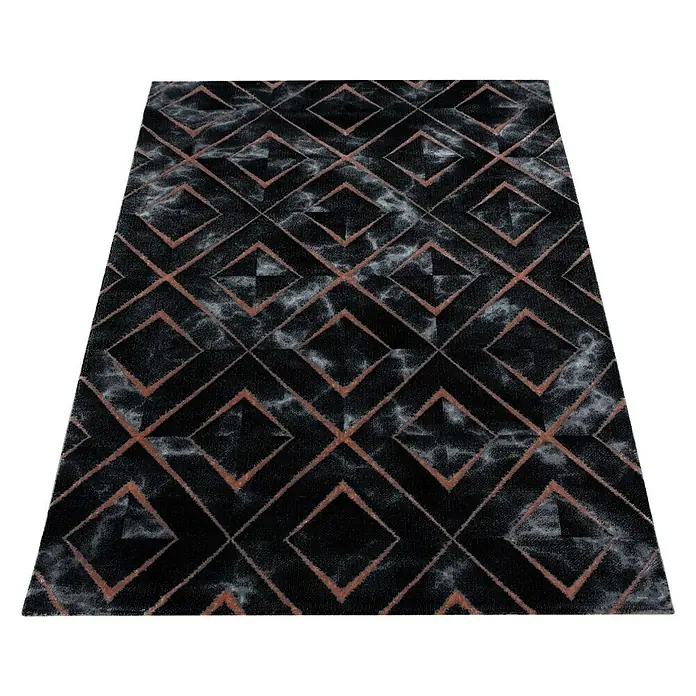 Kurzflorteppich Naxos 3812Bronze, 200 x 140 cm, 80% Polypropylen, 20% Polyester - Ein rechteckiger Teppich mit einem abstrakten Rautenmuster in Schwarz und Kupfer. Ein dekoratives Element für jeden Raum.