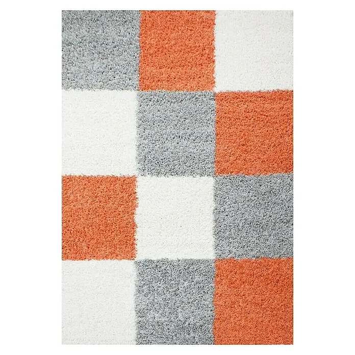 Hochflorteppich Life 1501 - Terra, 110 x 60 cm, 100 % Polypropylen - Nahaufnahme eines Teppichs mit orangefarbenen, grauen und weißen Quadraten, der ein modernes und stilvolles Design zeigt.