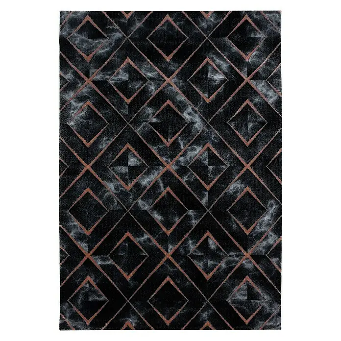 Kurzflorteppich Naxos 3812Bronze, 200 x 140 cm, 80% Polypropylen, 20% Polyester - Ein rechteckiger Teppich mit einem rautenförmigen Muster in Schwarz und Kupfer ist auf einem schwarzen Hintergrund dargestellt.