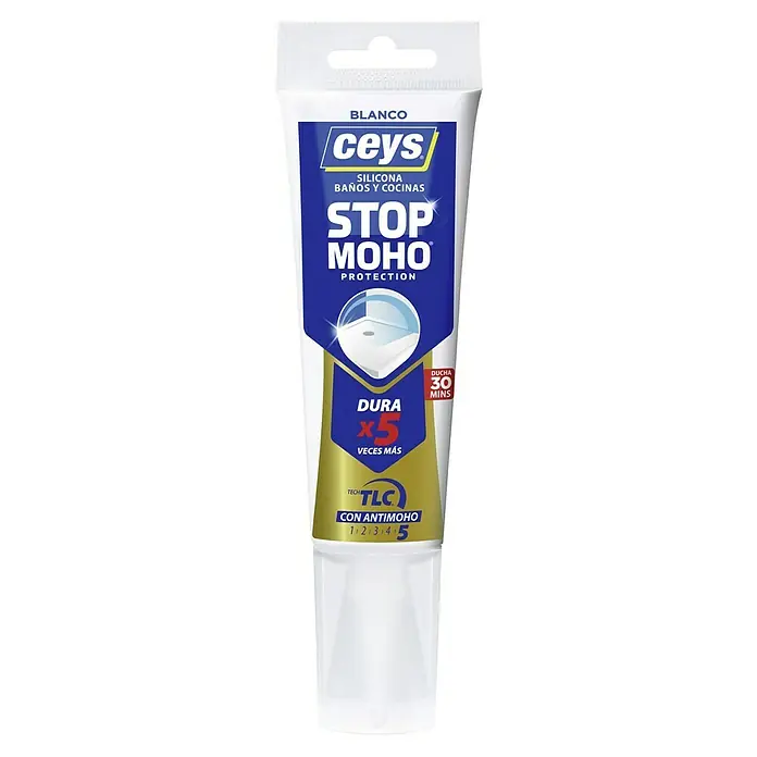 Ceys Silicona para sanitarios y cocinas Stop Moho - Blanco, 125 ml - Tubo blanco de silicona Ceys Stop Moho para baño y cocina, dura hasta 5 veces más y ofrece protección antimoho.