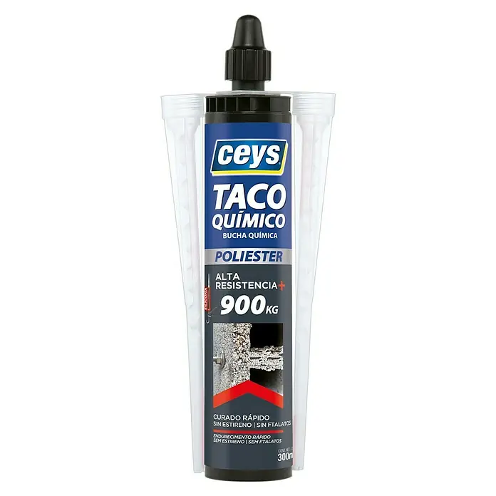 Ceys Adhesivo fuerte Polyester - Transparente, 300 ml - Imagen de un adhesivo Ceys Taco Químico de poliéster, con alta resistencia hasta 900kg, ideal para uniones rápidas y fuertes.