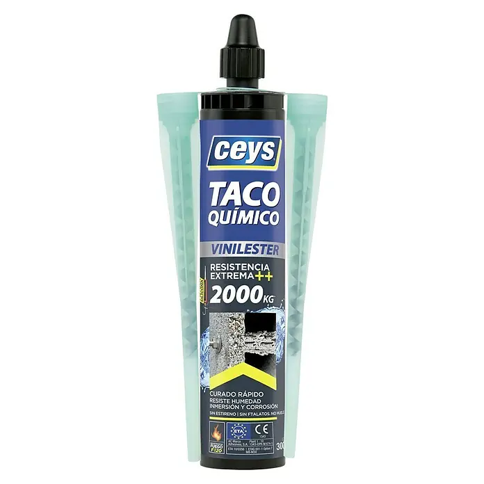 Ceys Adhesivo bicomponente Taco Químico Vinylester - Transparente, 300 ml - Primer plano de un paquete de producto de anclaje químico Ceys Taco Químico Vinylester con accesorios.