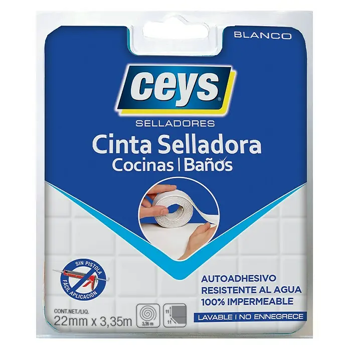 Ceys Cinta aislante impermeable hogar - Blanco, 3,35 m x 22 mm - Imagen del producto de la cinta selladora CEYS para cocina y baño, 22 mm x 3,35 m, blanca, autoadhesiva, resistente al agua y al moho.