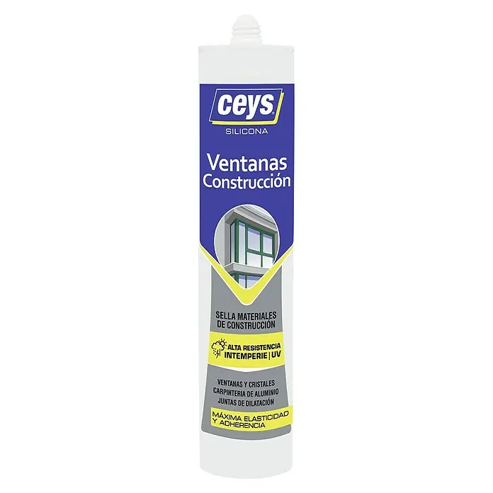 Ceys Silicona Ventanas Construcción - Transparente - Imagen del producto de silicona Ceys para ventanas y construcciones. El producto es resistente a la intemperie y a los rayos UV.