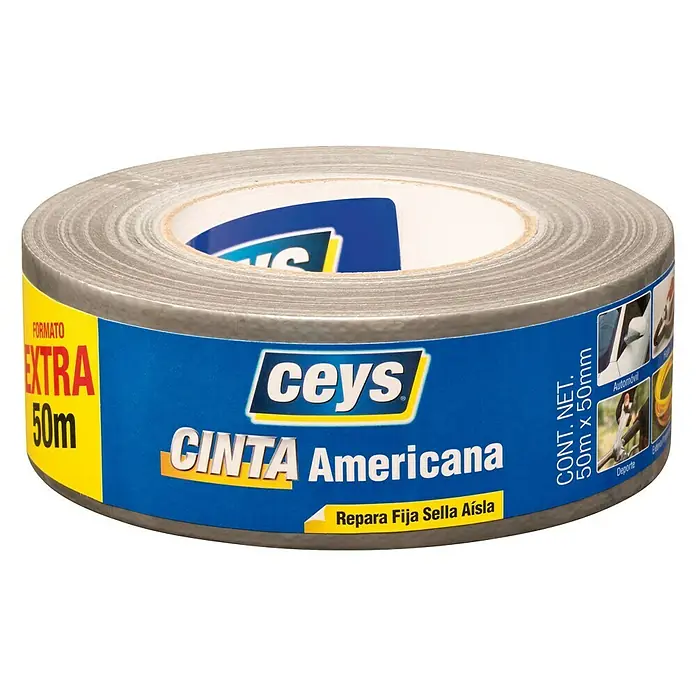 Ceys Cinta Americana - Plata, 50 m x 50 mm - Rollo de cinta americana gris CEYS "Cinta Americana", de 50 m x 50 mm, una cinta versátil para reparar, fijar, sellar y aislar.
