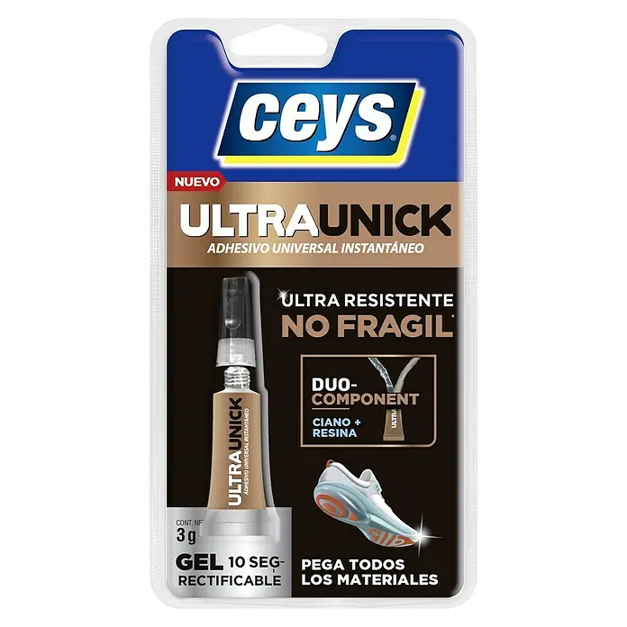 Ceys Pegamento instantáneo fuerte Ultra Unick - 3 g - Imagen del producto de adhesivo universal Ceys Ultra Unick, una cola fuerte y de rápida acción para varios materiales.