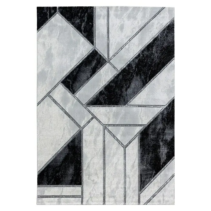 Kurzflorteppich Naxos 3817Silber, 150 x 80 cm, 80% Polypropylen, 20% Polyester - Ein moderner Teppich in Grau- und Schwarztönen mit einem geometrischen Muster, das jedem Raum einen Hauch von Eleganz verleiht.
