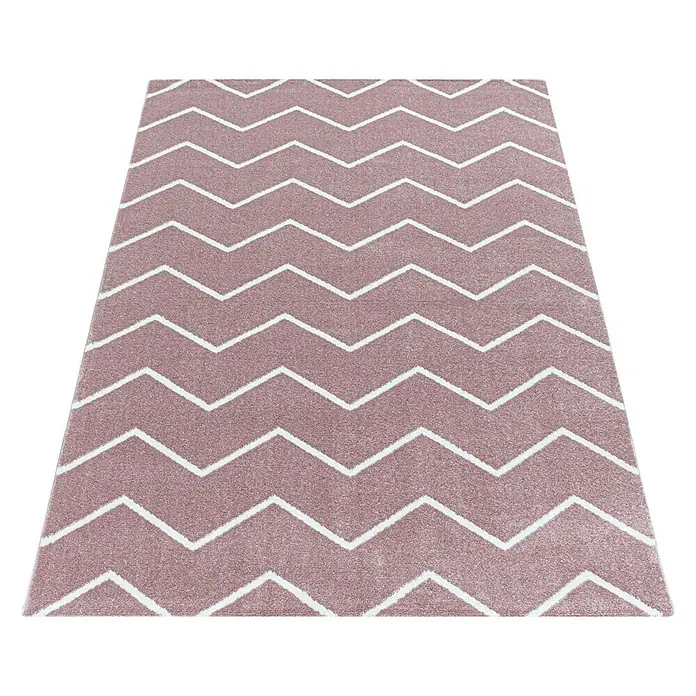 Hochflorteppich Rio 4602 - Rose, 200 x 140 cm, 100% Polypropylen - Ein dekorativer Teppich in Rosa mit einem Zickzackmuster in Weiß. Ideal, um jedem Raum eine stilvolle Note zu verleihen.