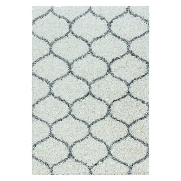 Hochflorteppich Salsa 3201 - Cream, 250 x 80 cm, 100% Polypropylen - Ein rechteckiger, cremefarbener Teppich mit einem marokkanischen Gittermuster in Grau, der eine stilvolle Ergänzung für jeden Raum darstellt.