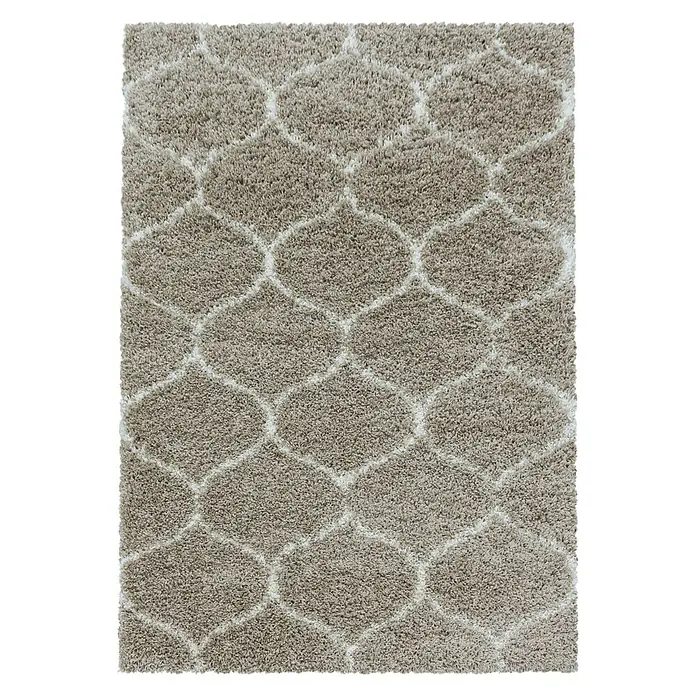Hochflorteppich Salsa 3201Beige, 200 x 140 cm, 100% Polypropylen - Teppich mit marokkanischem Muster. Der Teppich hat ein marokkanisches Muster mit einem cremefarbenen Hintergrund und einem Muster in einer dunkleren Farbe.